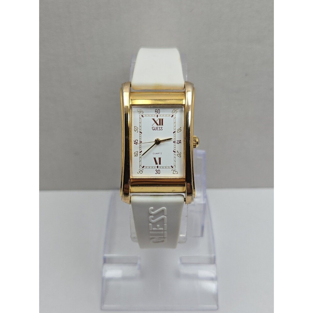 Vintage 1988 Guess Womens Gold Tone Tank Retro Watch Leather Classic New Battery